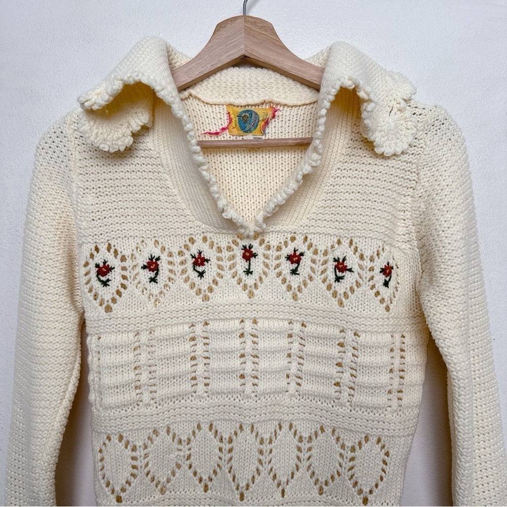 Beewear Womens Small Vintage Open Crochet Ivory Floral Collar Sweater - Picture 5 of 15